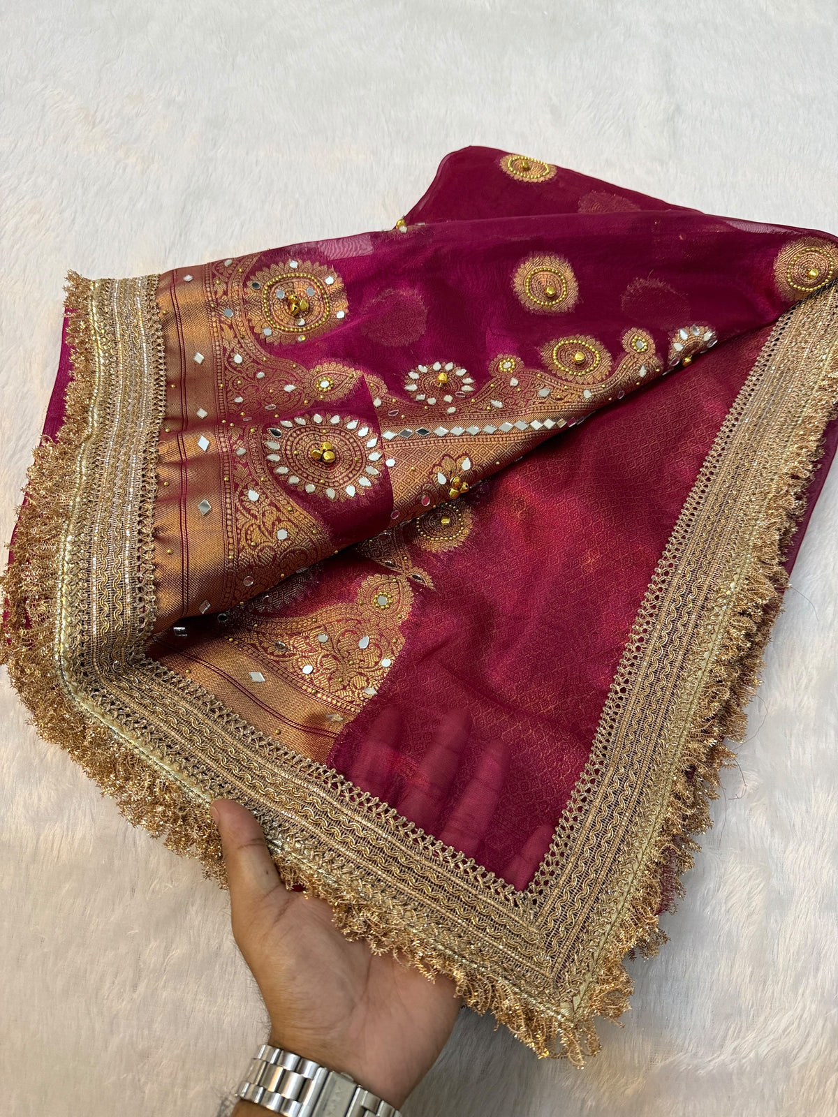 Metallic Banarasi Soft Glass Tissue Saree x Ghungroo Handwork x Lacework x Mirror & Moti Handwork