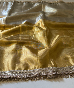 Two Tone Metallic Banarasi Tissue Soft Silk Saree with Gotapatti + Uljhan lace work