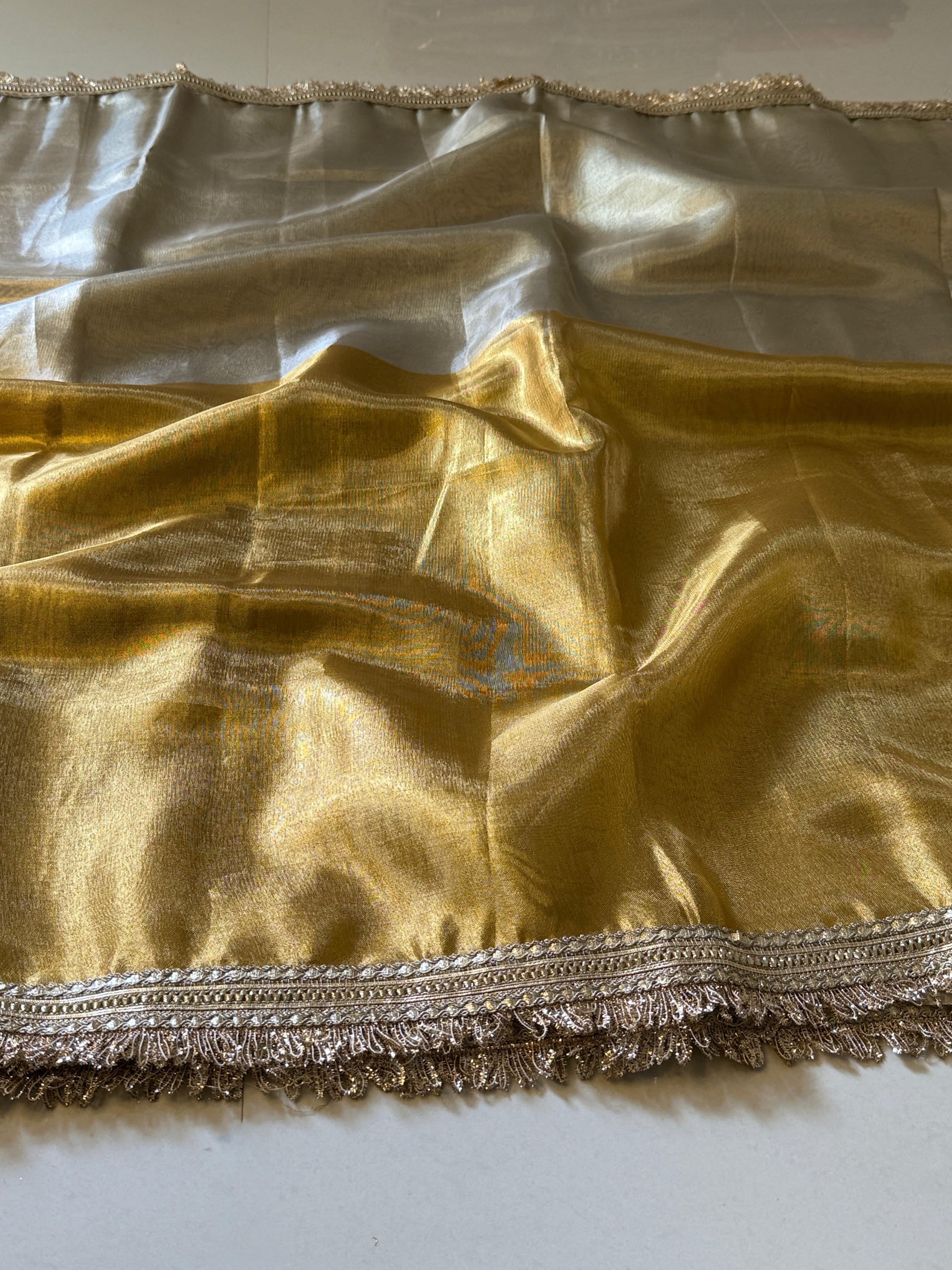 Two Tone Metallic Banarasi Tissue Soft Silk Saree with Gotapatti + Uljhan lace work