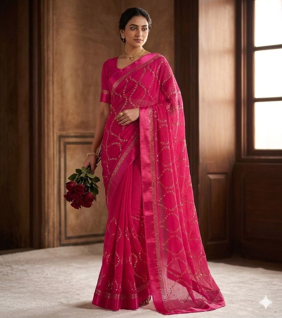 Pure Viscose Georgette Sattin Patta With Lahriya Concept Sequins