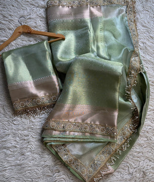 Pista green bridal Kanjeevaram brocade tissue saree