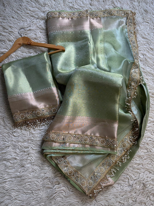 Pista green bridal Kanjeevaram brocade tissue saree