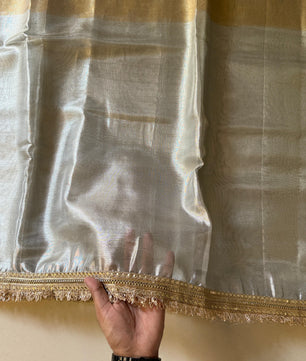 Two Tone Metallic Banarasi Tissue Soft Silk Saree with Gotapatti + Uljhan lace work