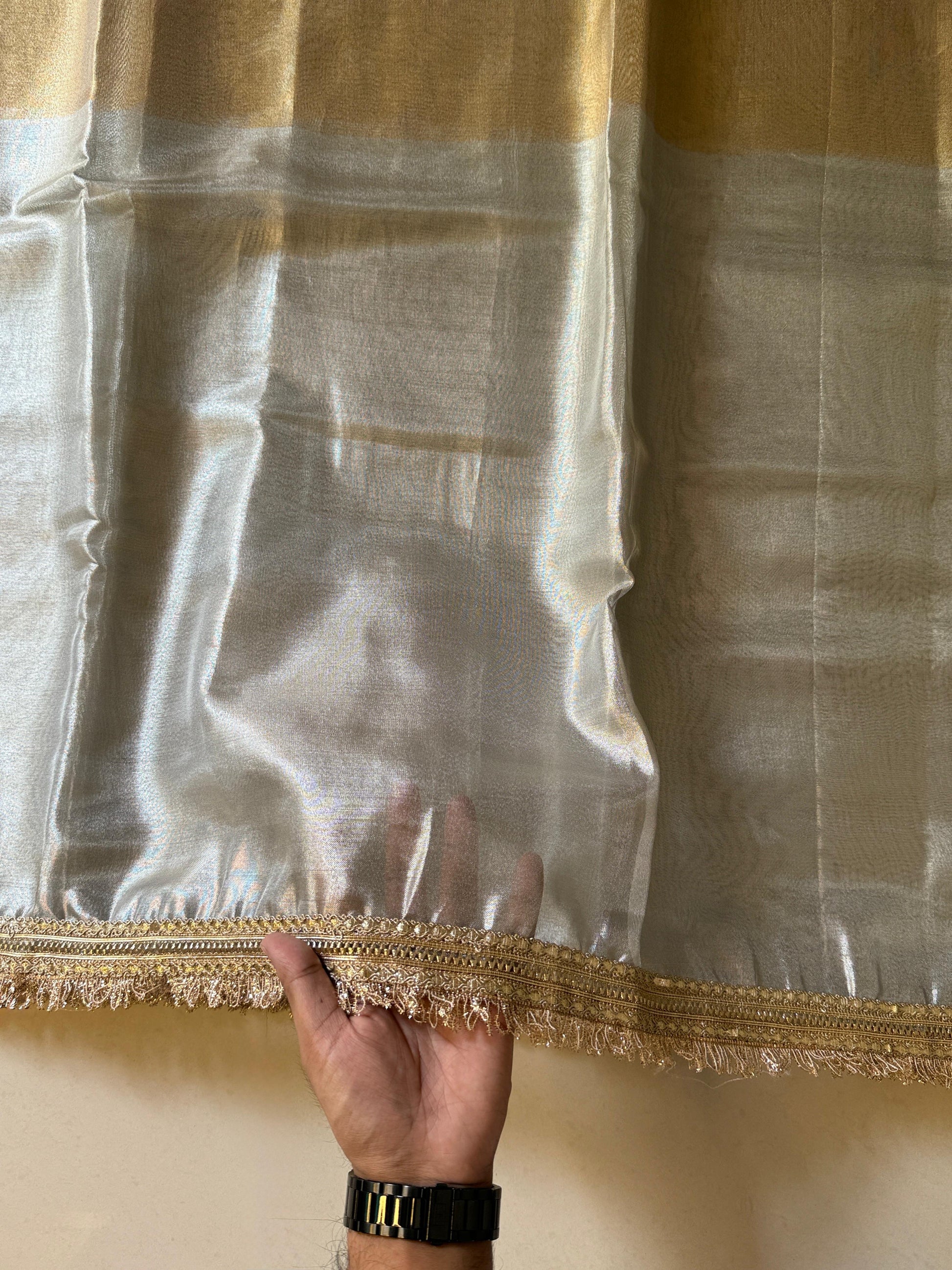 Two Tone Metallic Banarasi Tissue Soft Silk Saree with Gotapatti + Uljhan lace work