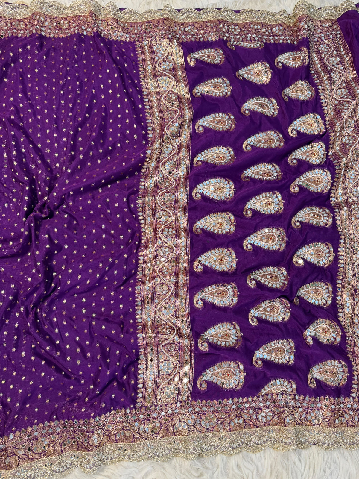 Most Demanded Handwork Banarasi Semi khaddi Katan Georgette Soft Silk Saree With lace &amp; &nbsp;Mirror moti work