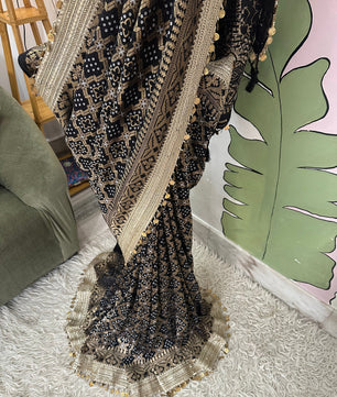 Black Designer Georgette Katan Silk Saree with Gota Patti and Coin lace