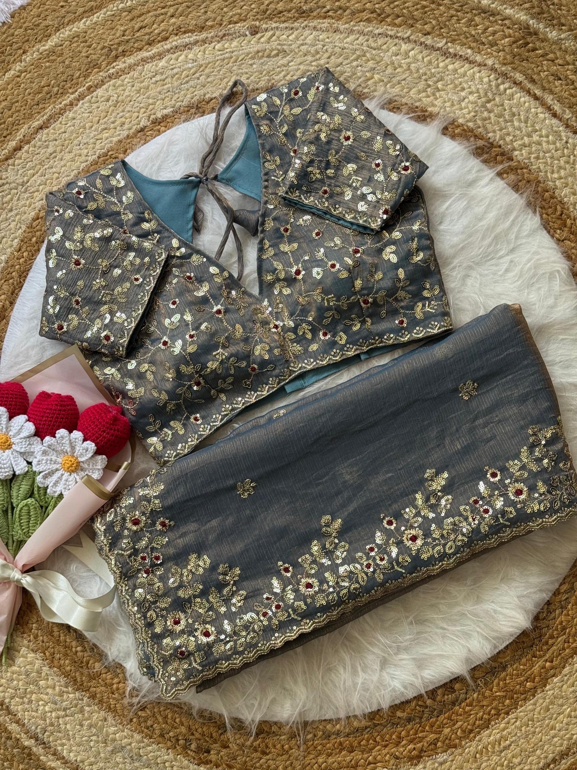 Soft Fendy Chiffon Saree With Heavy Embroidery Sequins And Thread Work All Over The Saree And Scallop Border*