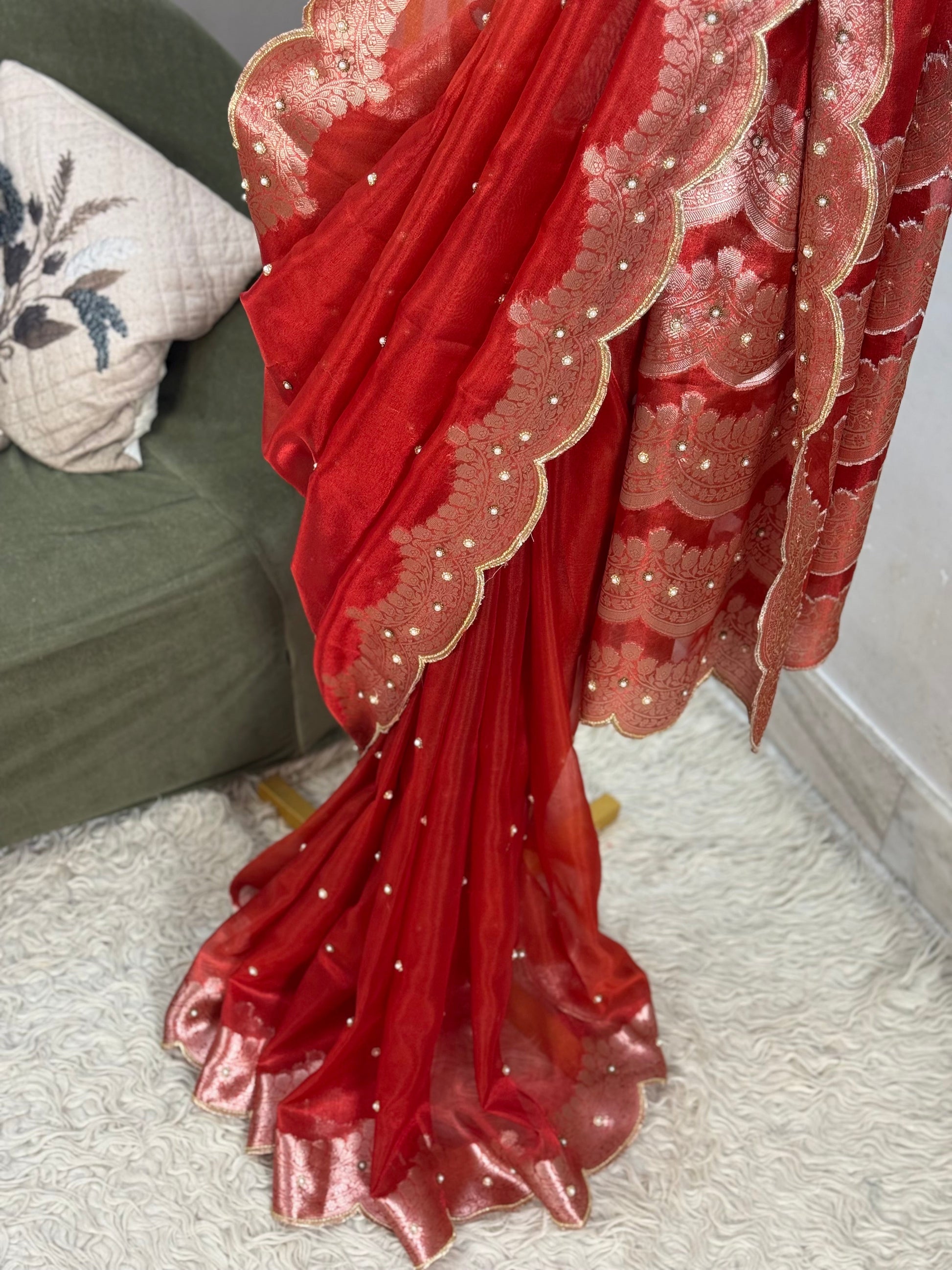 Banarasi Tissue Saree with Aari Work on all over Body with Intricate scallop border and Pallu