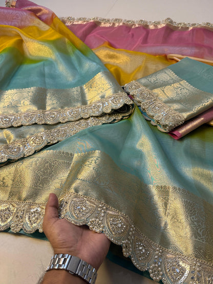 Premium 3D Multi Shade Glass Tissue Saree with Soft Mirror Lace Border