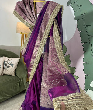 Purple Bridal Tissue Saree with Designer Pearl and Mirror Lace Work Jhalar Lace on Pallu