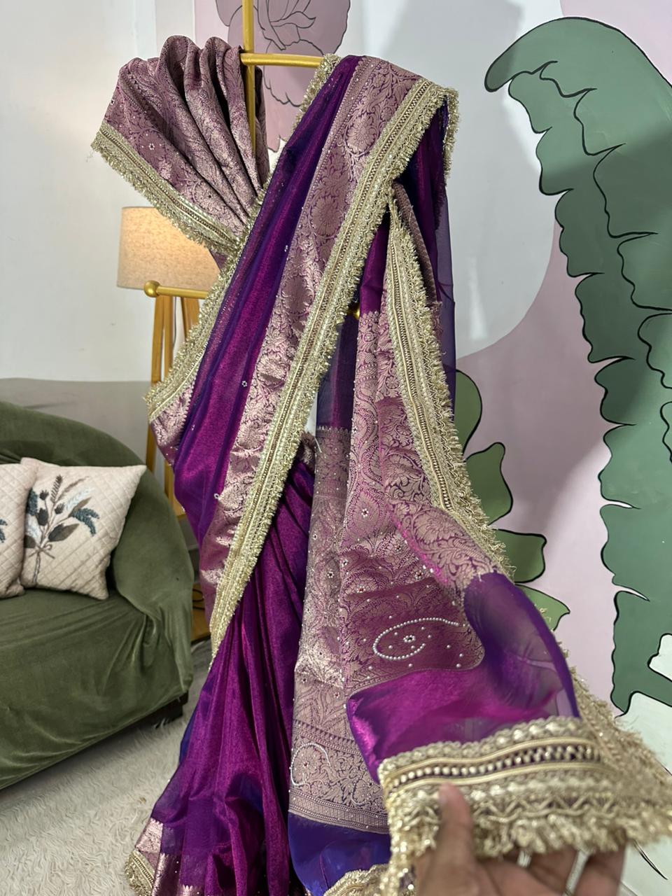 Purple Bridal Tissue Saree with Designer Pearl and Mirror Lace Work Jhalar Lace on Pallu