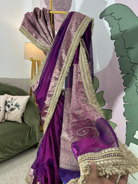 Purple Bridal Tissue Saree with Designer Pearl and Mirror Lace Work Jhalar Lace on Pallu
