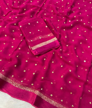 Premium Satin Patta Pure Viscose Georgette Saree with Sequins Butti & Designer Contrast Blouse