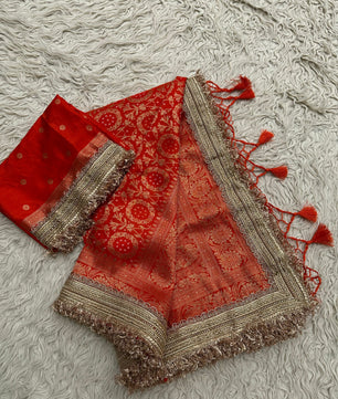 Orange Designer Georgette Katan Silk Saree with Gota Patti