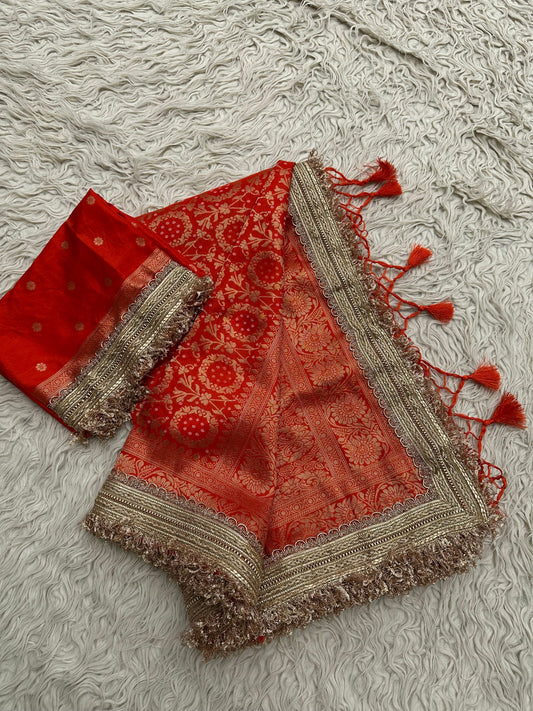 Orange Designer Georgette Katan Silk Saree with Gota Patti