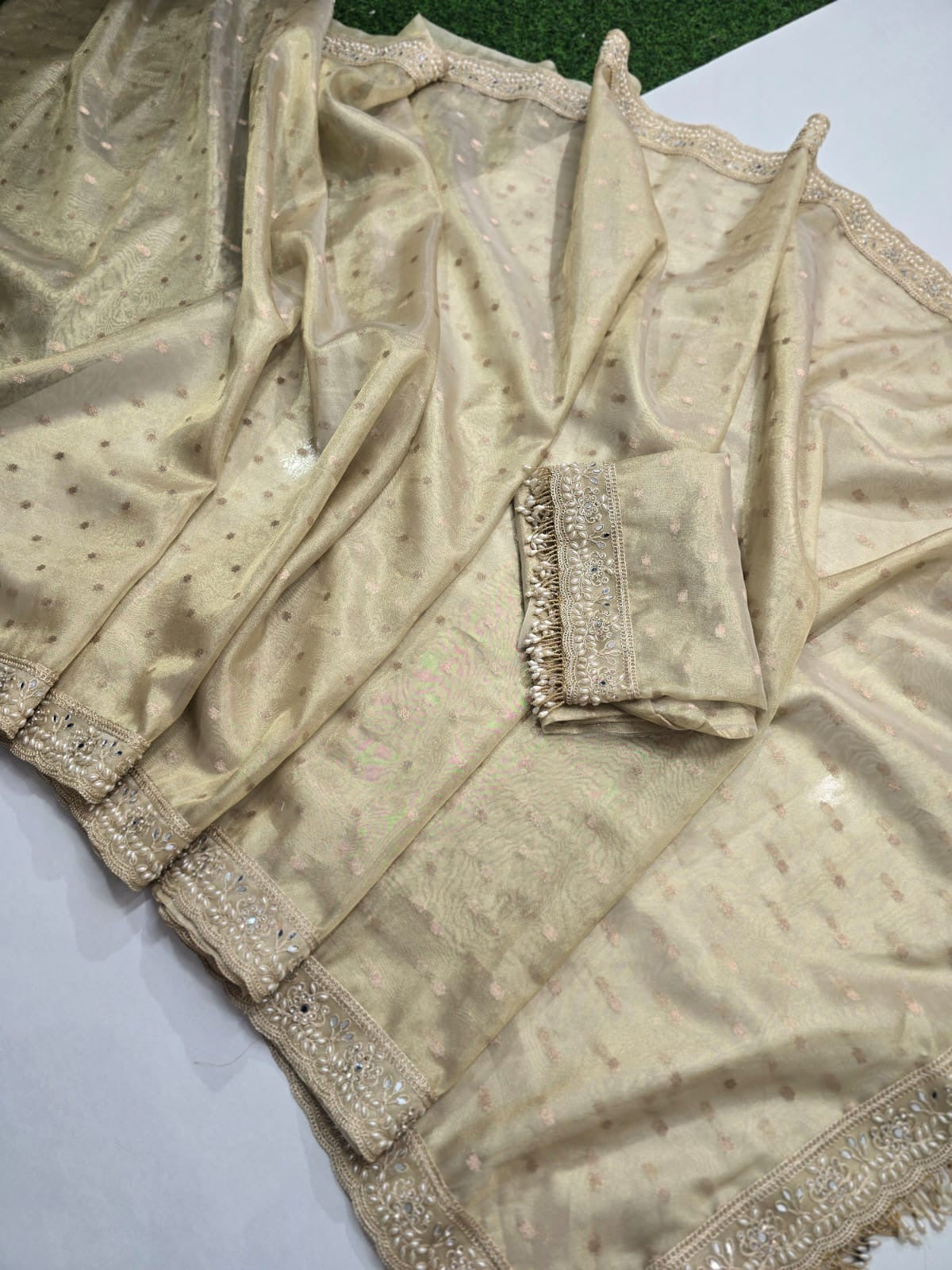 Banarasi tissue silk saree with all over chunri but
