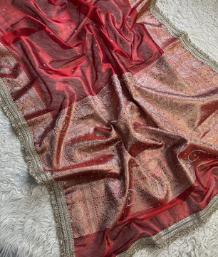 Designer Banarasi Tissue Saree with Pearl Work on all over Body with Intricate Border and Pallu Design Along with Gotta Patti Lace Work