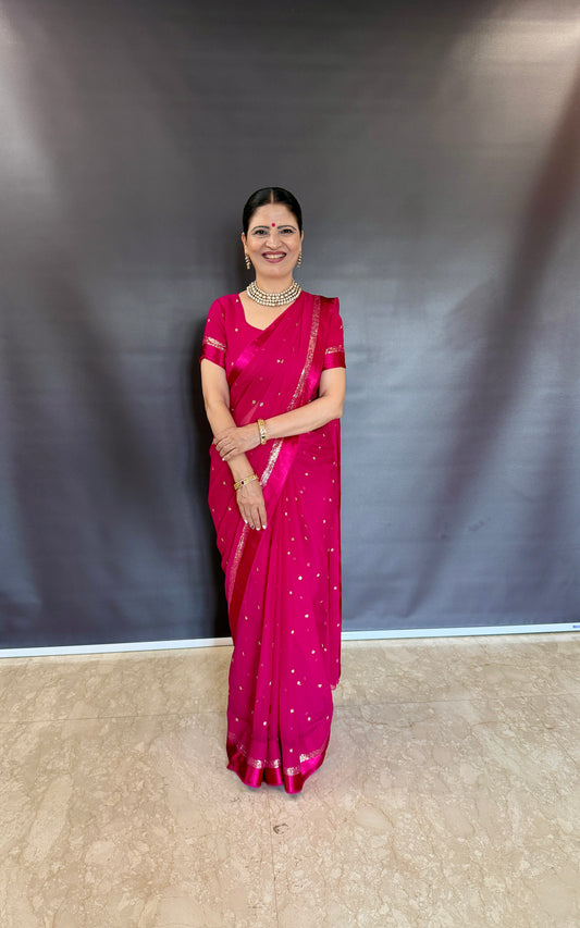 Premium Satin Patta Pure Viscose Georgette Saree with Sequins Butti & Designer Contrast Blouse