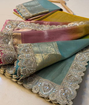 Premium 3D Multi Shade Glass Tissue Saree with Soft Mirror Lace Border
