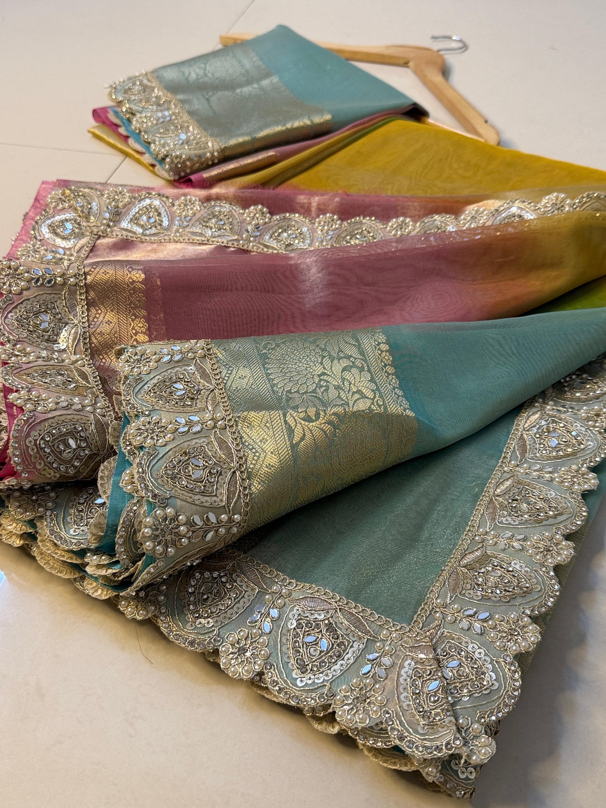 Premium 3D Multi Shade Glass Tissue Saree with Soft Mirror Lace Border