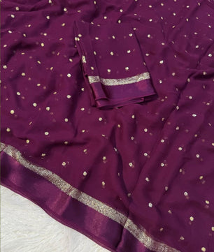 Premium Satin Patta Pure Viscose Georgette Saree with Sequins Butti & Designer Contrast Blouse