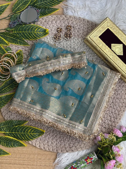 Pure Soft Banarasi Sartin Silk Weaving Saree With Gungroo in All over Saree With Fancy Lace Border