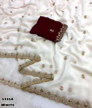 Chinnon silk Saree with Embroidery & Scalloped Border