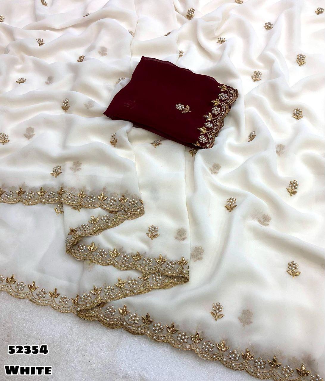 Chinnon silk Saree with Embroidery & Scalloped Border