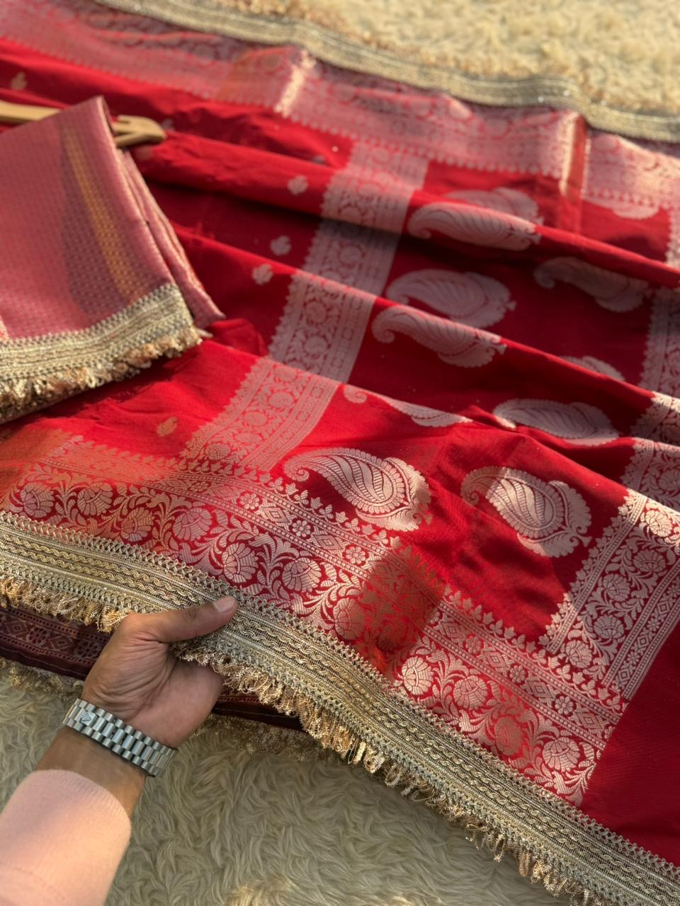 Soft Silk Saree In Red with Lace Work