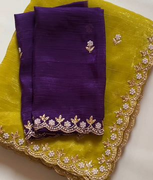 Chinnon silk Saree with Embroidery & Scalloped Border
