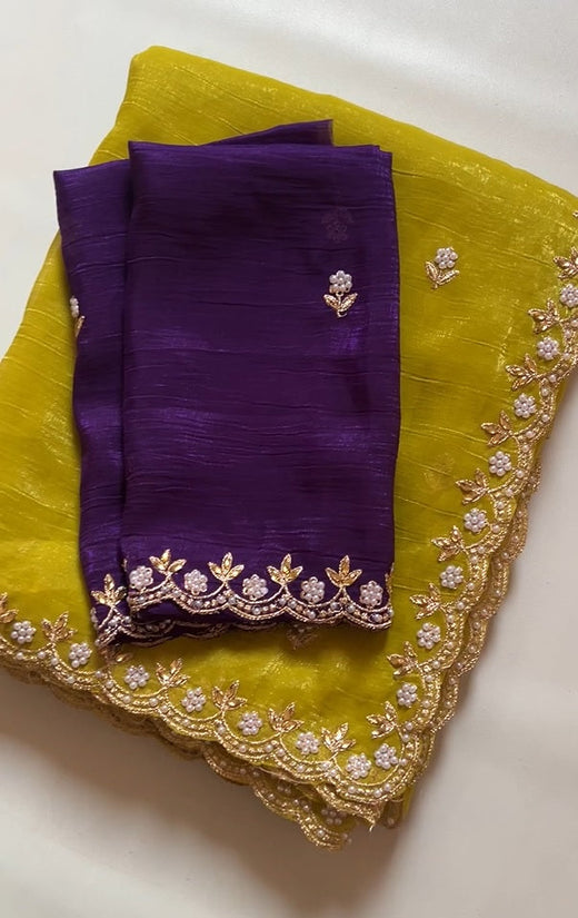 Chinnon silk Saree with Embroidery & Scalloped Border