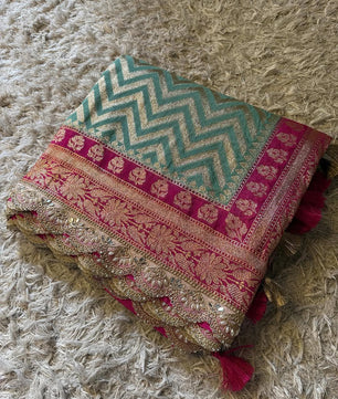 Katan Georgette Silk Saree with Scallop lace handwork, 
Latkan handwork pallu