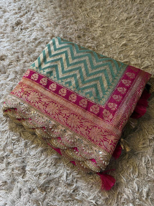 Katan Georgette Silk Saree with Scallop lace handwork, 
Latkan handwork pallu