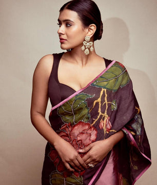 Black Satin Hand Embroidery Bead Kalamkari printed Saree With &nbsp;blouse
