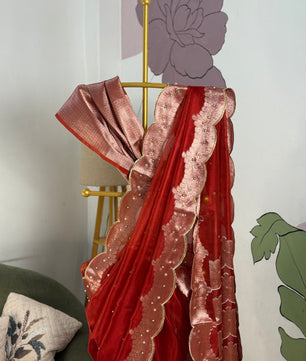 Banarasi Tissue Saree with Aari Work on all over Body with Intricate scallop border and Pallu