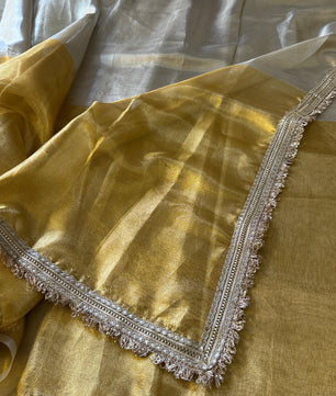 Two Tone Metallic Banarasi Tissue Soft Silk Saree with Gotapatti + Uljhan lace work