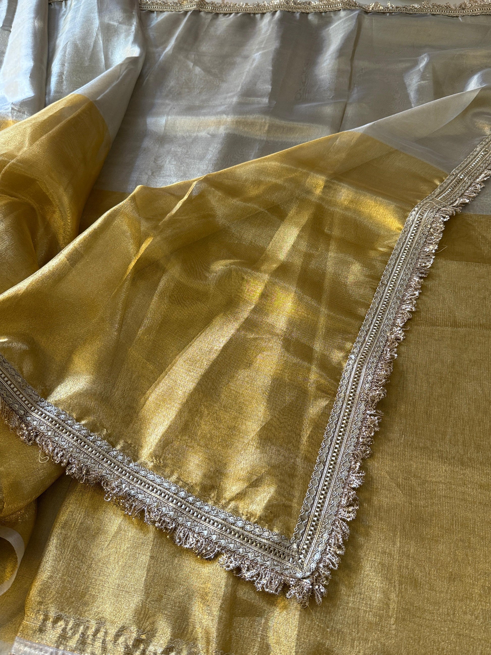 Two Tone Metallic Banarasi Tissue Soft Silk Saree with Gotapatti + Uljhan lace work