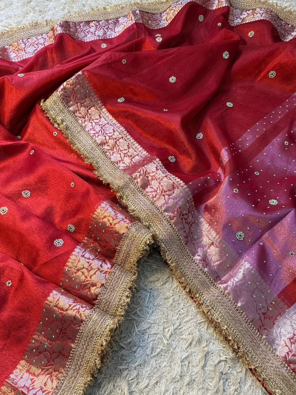 Banarasi soft glass tissue silk saree with siroksi stone work
