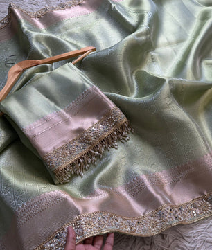 Pista green bridal Kanjeevaram brocade tissue saree