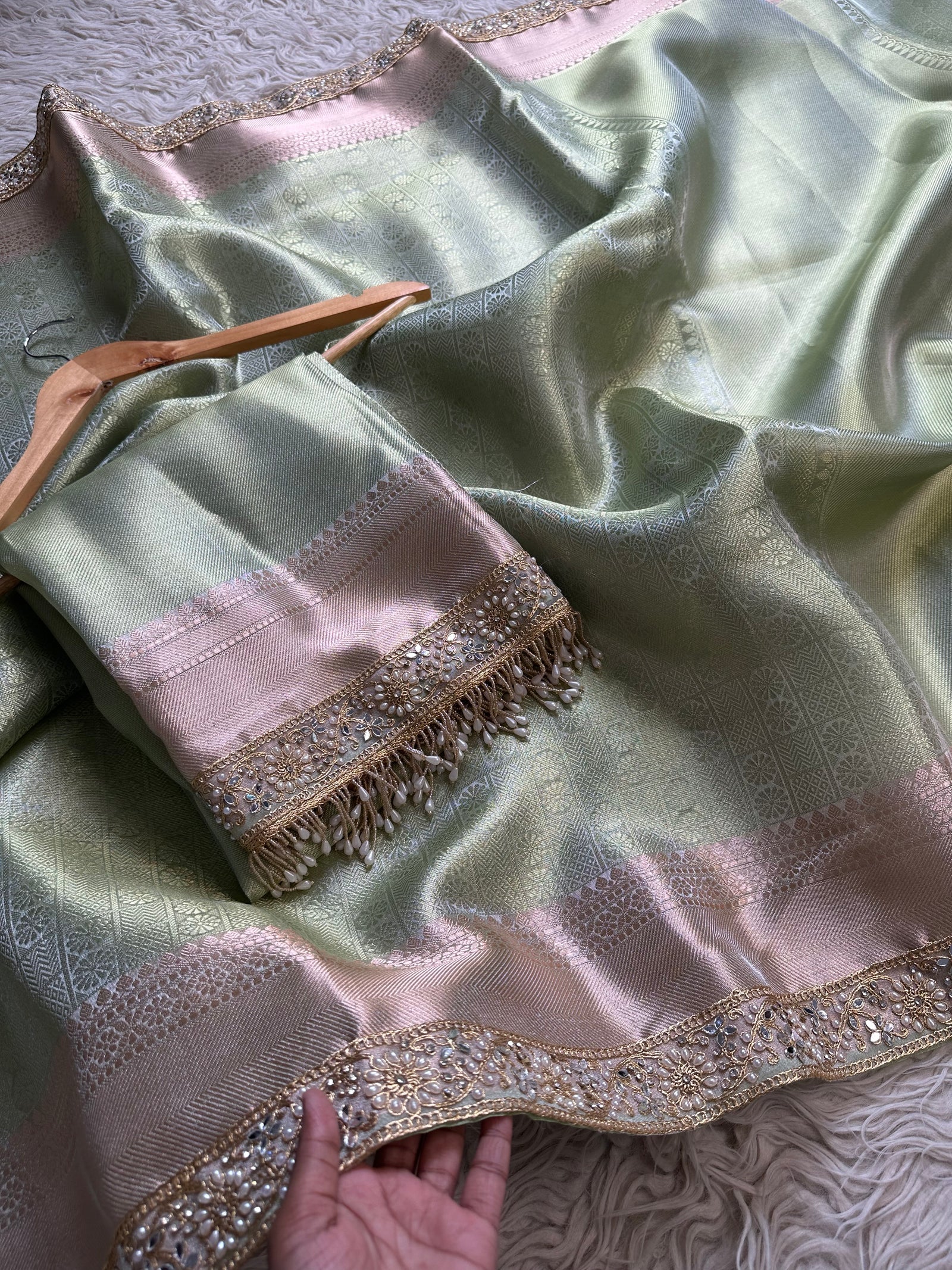 Pista green bridal Kanjeevaram brocade tissue saree