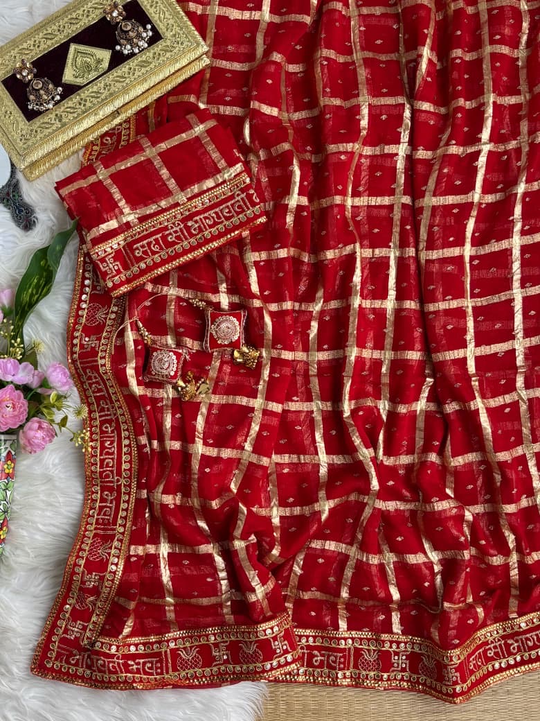 beautiful pretty women wearing Pure viscose Georgette Weaving foil zari with weaving chokda saree with beautiful tassels