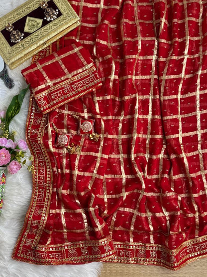beautiful pretty women wearing Pure viscose Georgette Weaving foil zari with weaving chokda saree with beautiful tassels