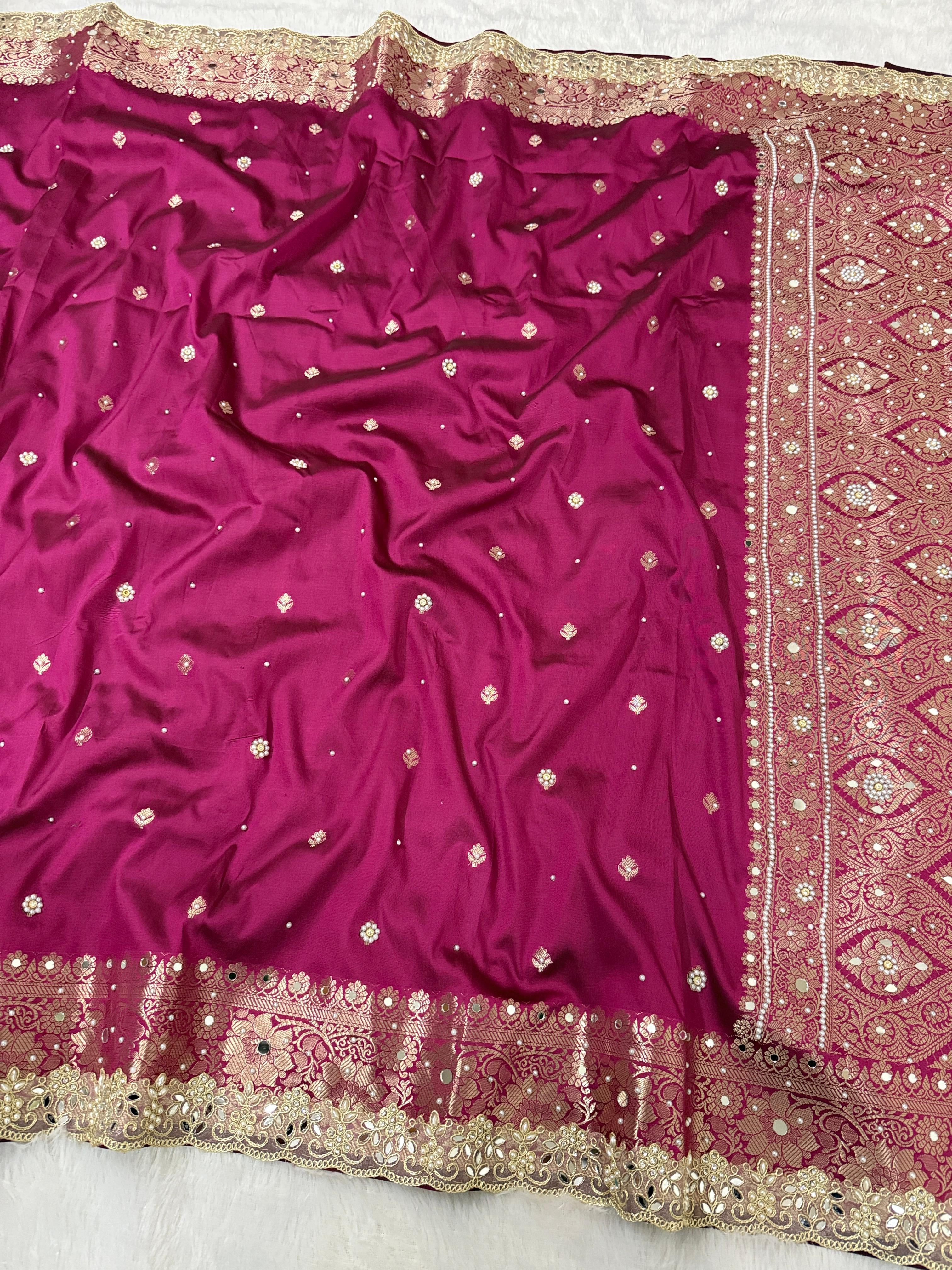 Presenting Timeless Banarasi Semi Katan Soft Silk Lace work Saree