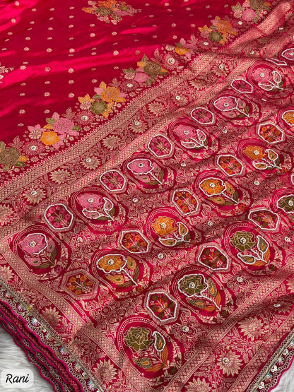 Pure Sartin saree with weaving &nbsp;jaquard nd mina work