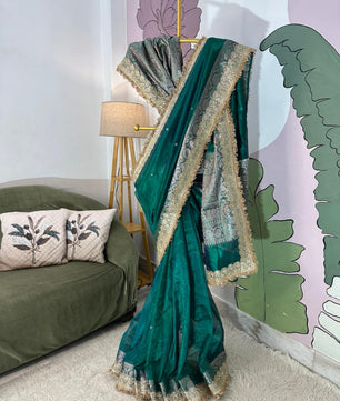 Designer Banarasi Tissue Saree with Pearl Work on All Over Body with Intricate Border and Pallu Design Along with Gotta Patti Lace Work