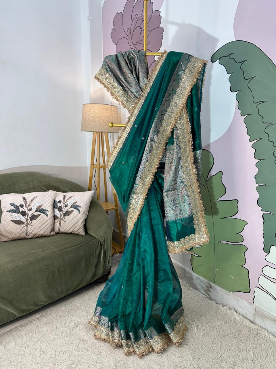 Designer Banarasi Tissue Saree with Pearl Work on All Over Body with Intricate Border and Pallu Design Along with Gotta Patti Lace Work