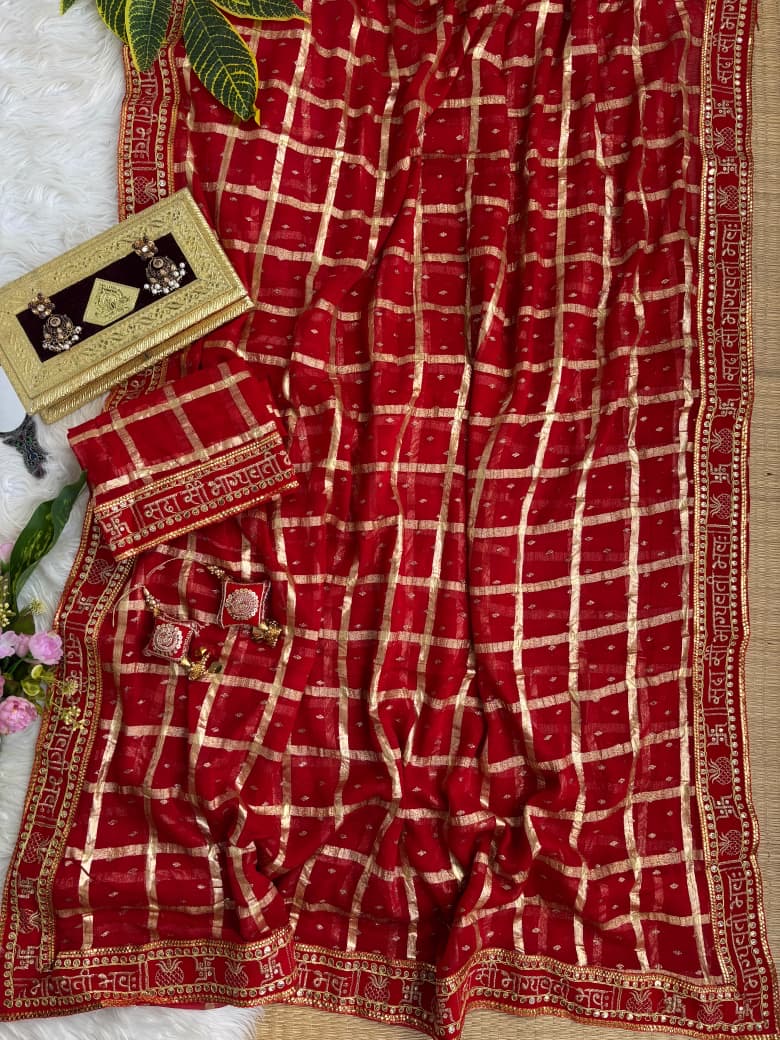 beautiful pretty women wearing Pure viscose Georgette Weaving foil zari with weaving chokda saree with beautiful tassels