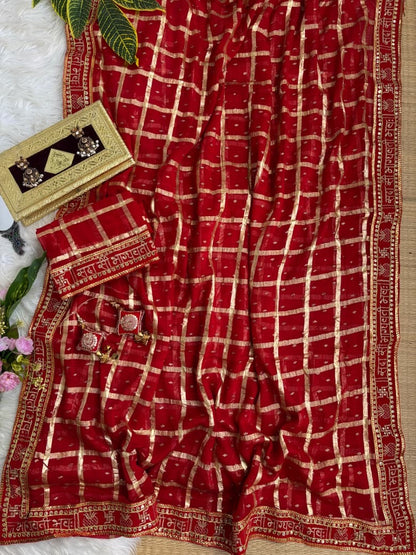 beautiful pretty women wearing Pure viscose Georgette Weaving foil zari with weaving chokda saree with beautiful tassels