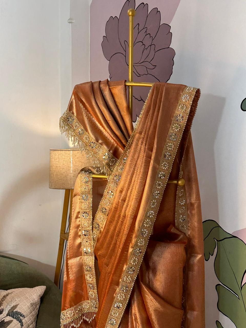 Rust Orange Bridal Kanjeevaram Brocade Tissue Saree with Designer Pearl and Mirror Lace Work Jhalar Lace on Pallu