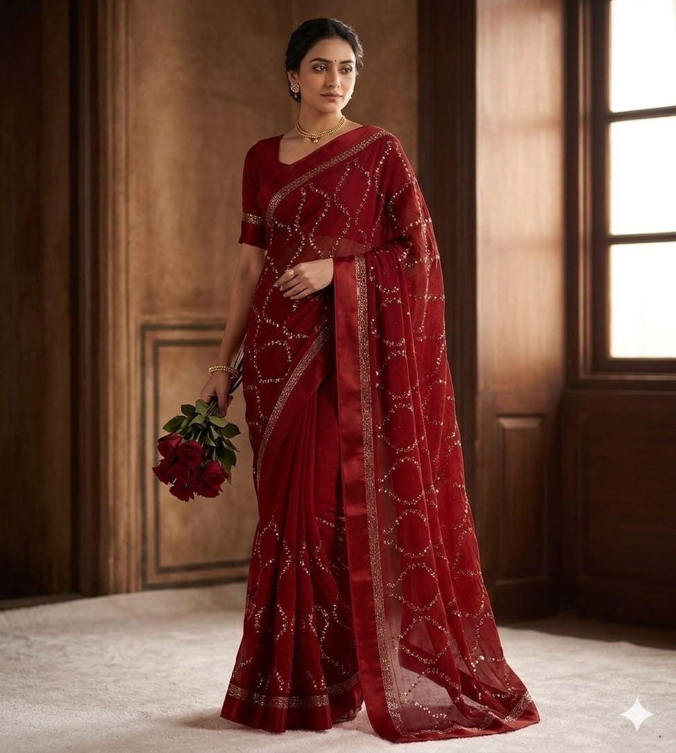Pure Viscose Georgette Sattin Patta With Lahriya Concept Sequins